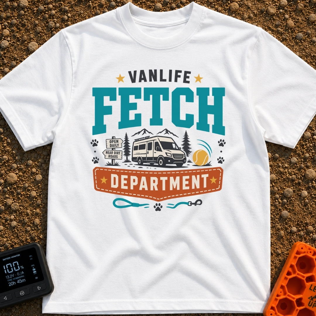 Chief Fetch Officer - T-Shirt in White - A graphic featuring a camper van parked near mountains and pine trees, flanked...