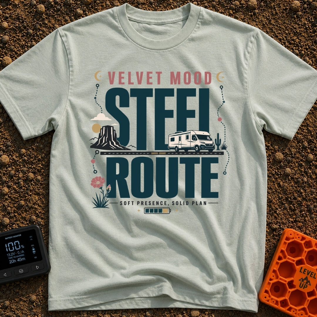 Velvet Ride Steel Route - T-Shirt in Bay - A graphic design featuring an RV driving on a road through a desert landscape...