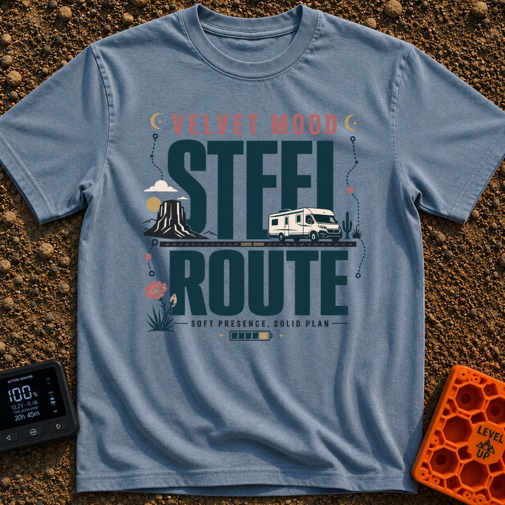 Velvet Ride Steel Route - T-Shirt in Blue Jean - A graphic design featuring an RV driving on a road through a desert...