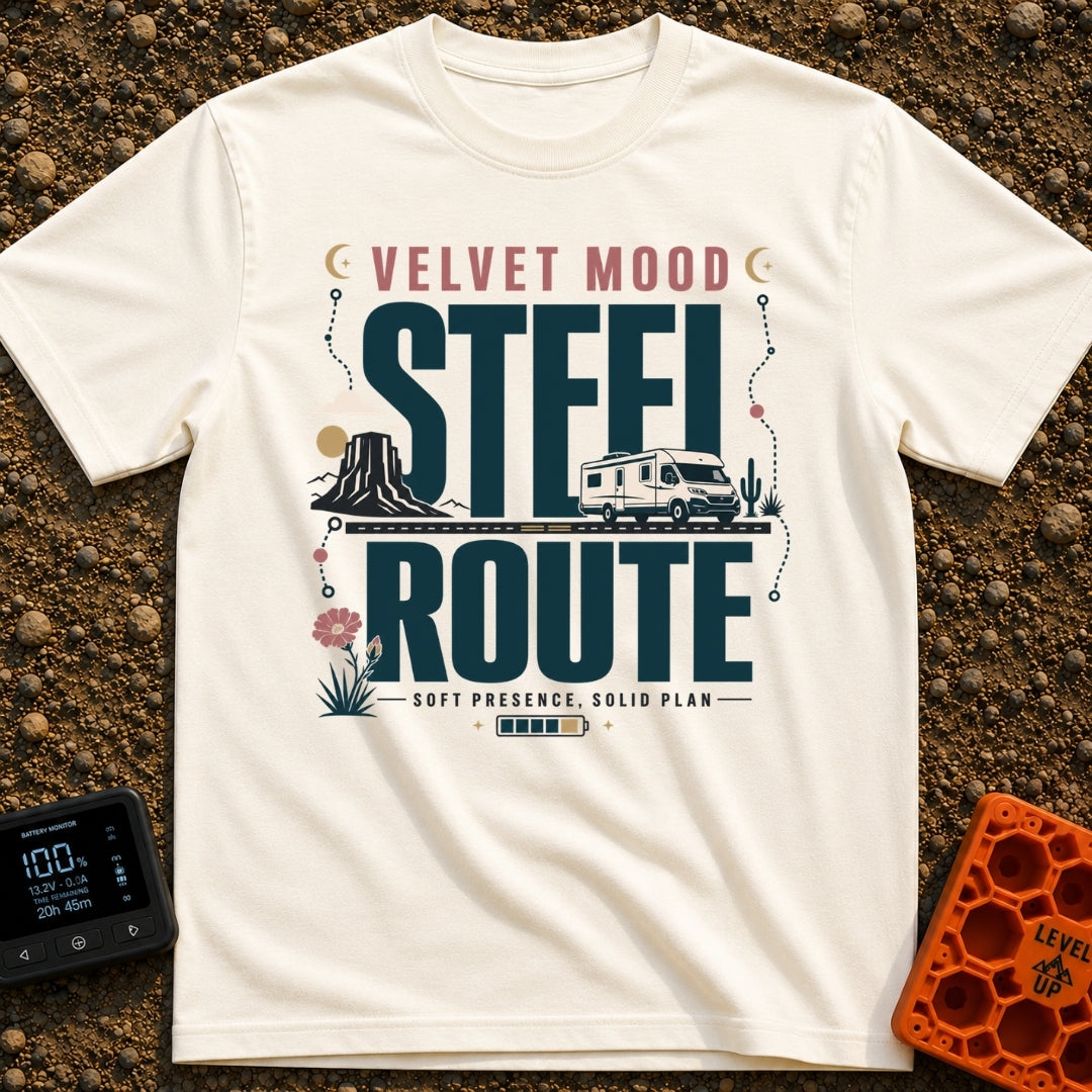 Velvet Ride Steel Route - T-Shirt in Ivory - A graphic design featuring an RV driving on a road through a desert...
