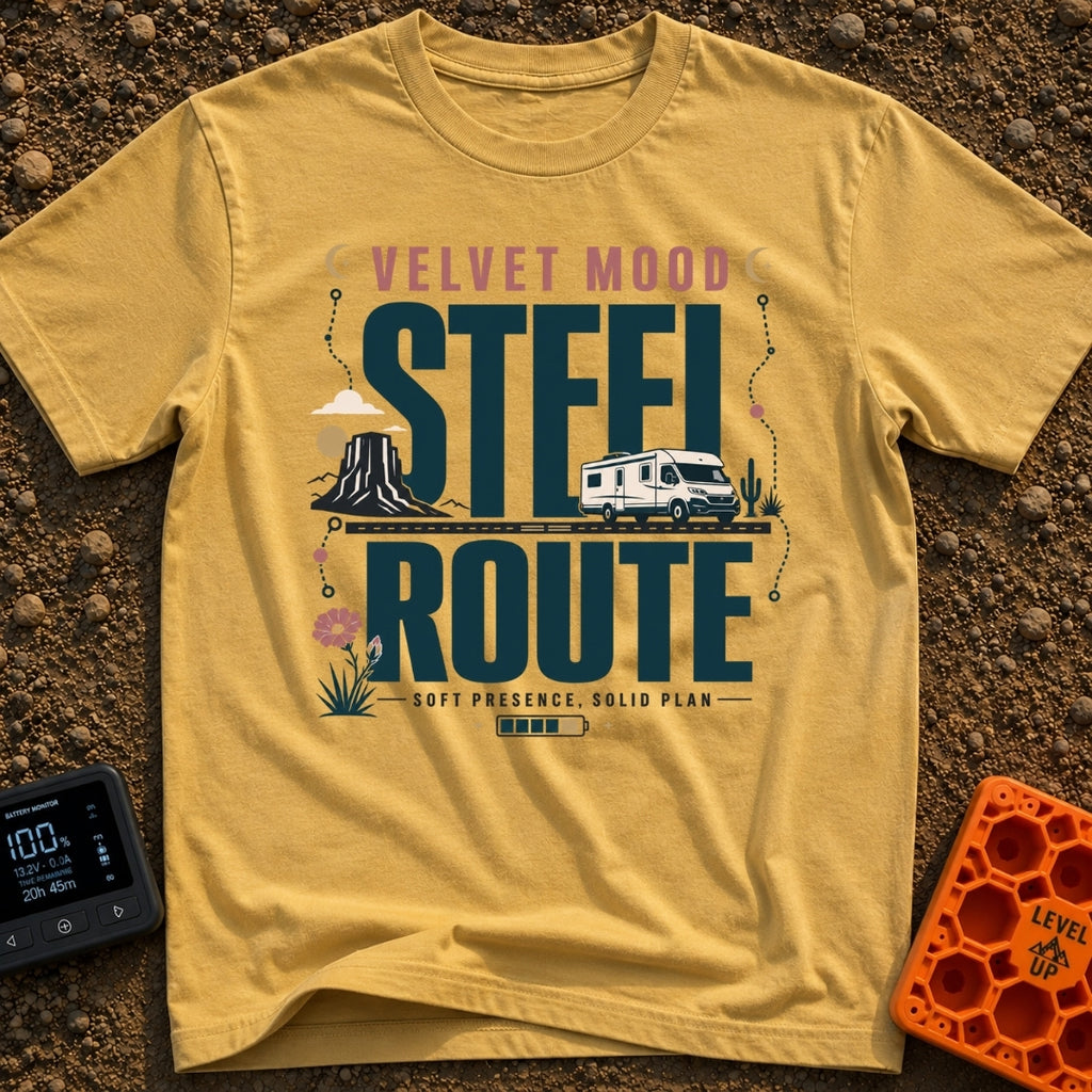 Velvet Ride Steel Route - T-Shirt in Mustard - A graphic design featuring an RV driving on a road through a desert...