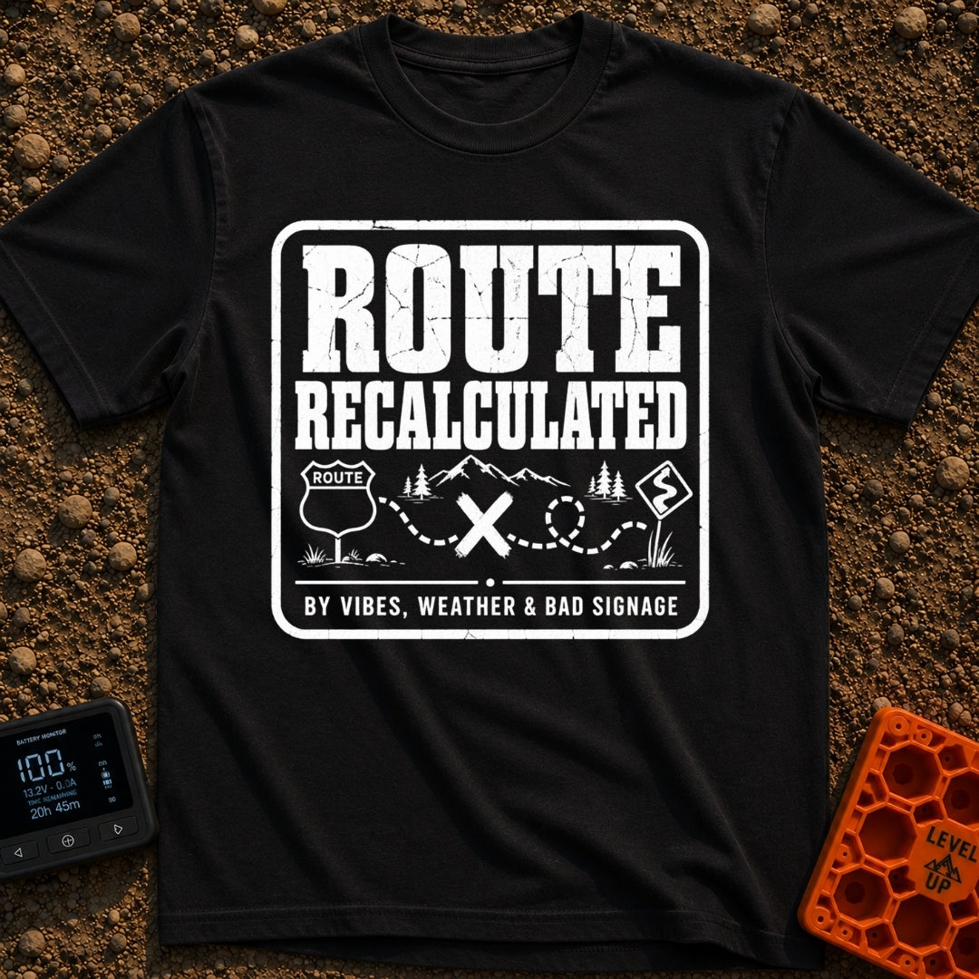 Navigating By Vibes - T-Shirt in Black - A black and white distressed badge design featuring the text "ROUTE...