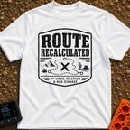 Navigating By Vibes - T-Shirt in White - A black and white distressed badge design featuring the text "ROUTE...