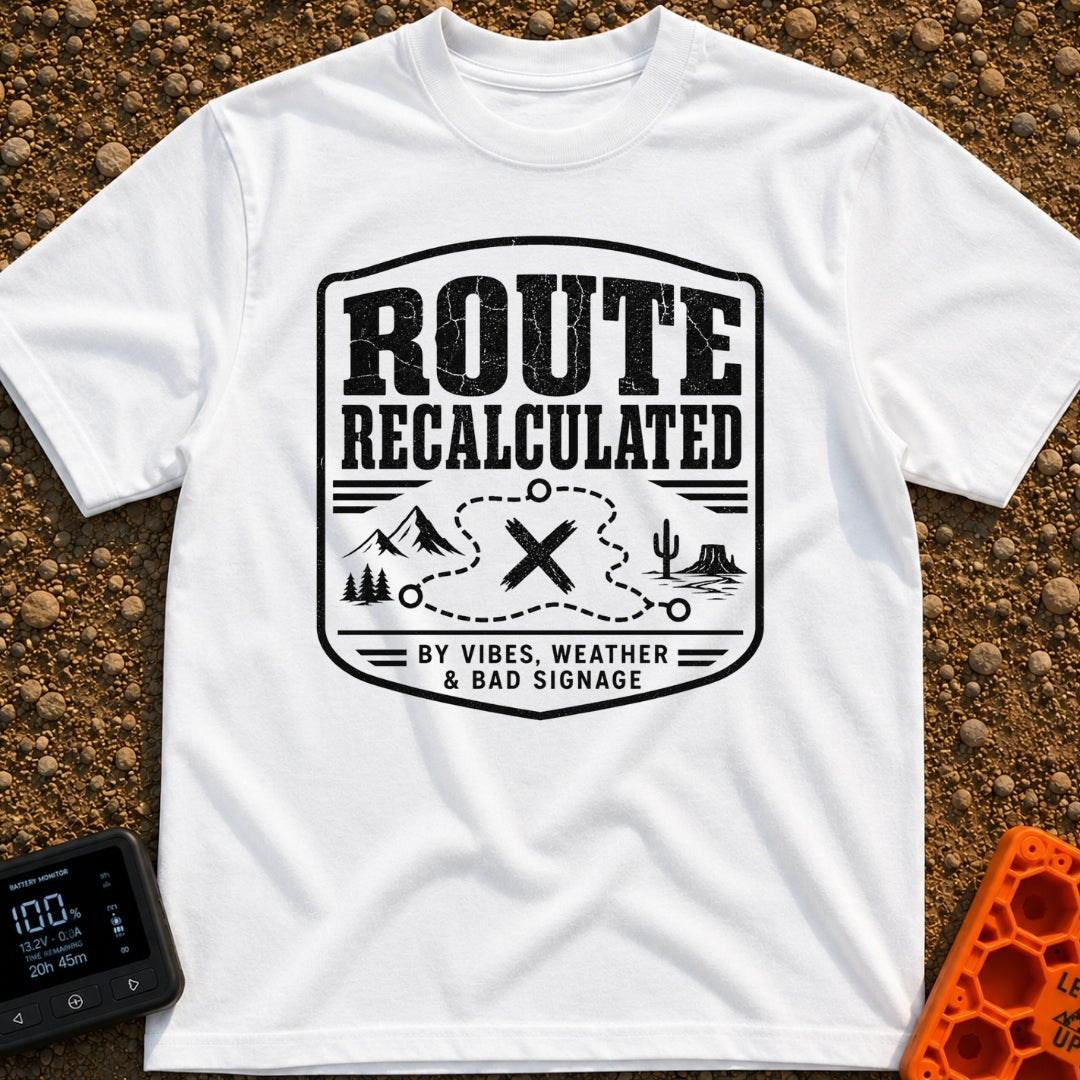 Navigating By Vibes - T-Shirt in White - A black and white distressed badge design featuring the text "ROUTE...