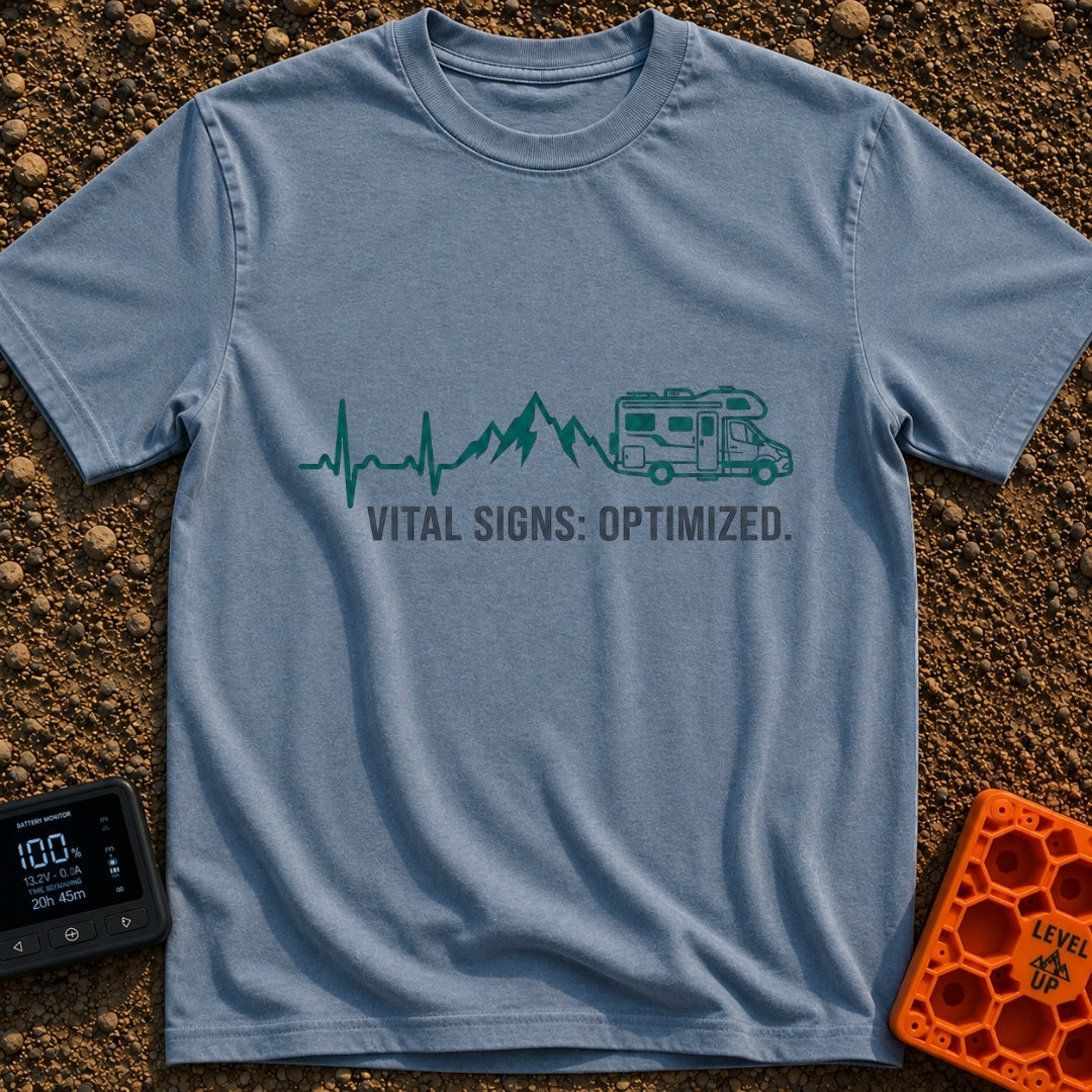 Peak Vital Signs - T-Shirt in Blue Jean - A graphic line that begins as an EKG heartbeat trace on the left, transitions...