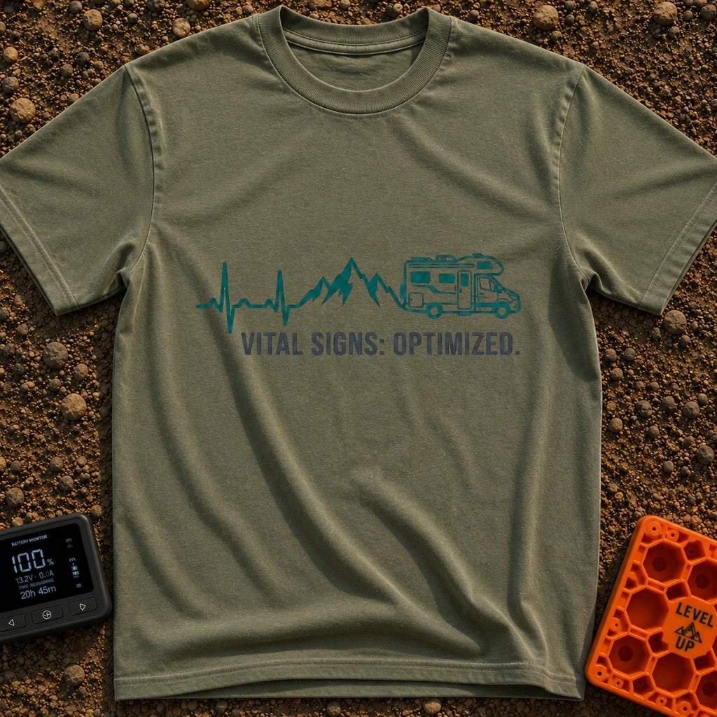 Peak Vital Signs - T-Shirt in Moss - A graphic line that begins as an EKG heartbeat trace on the left, transitions into...