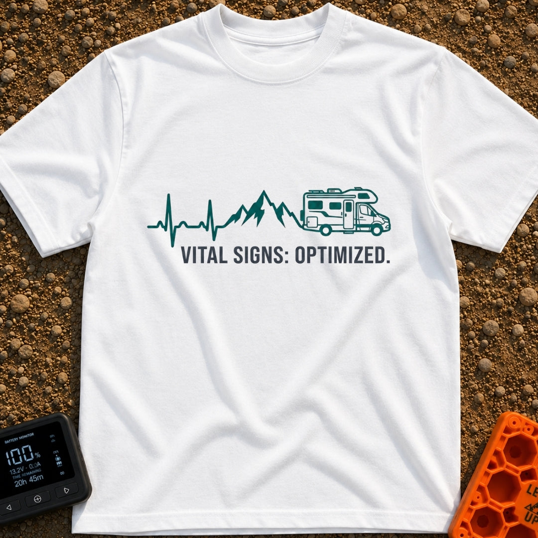 Peak Vital Signs - T-Shirt in White - A graphic line that begins as an EKG heartbeat trace on the left, transitions into...
