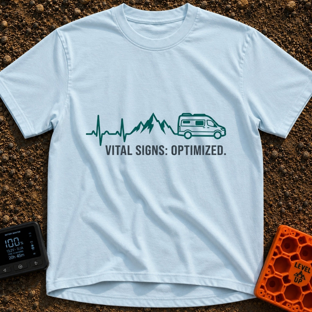 Heartbeats and Highways - T-Shirt in Chambray - A continuous teal line graphic that starts as an EKG heartbeat monitor,...