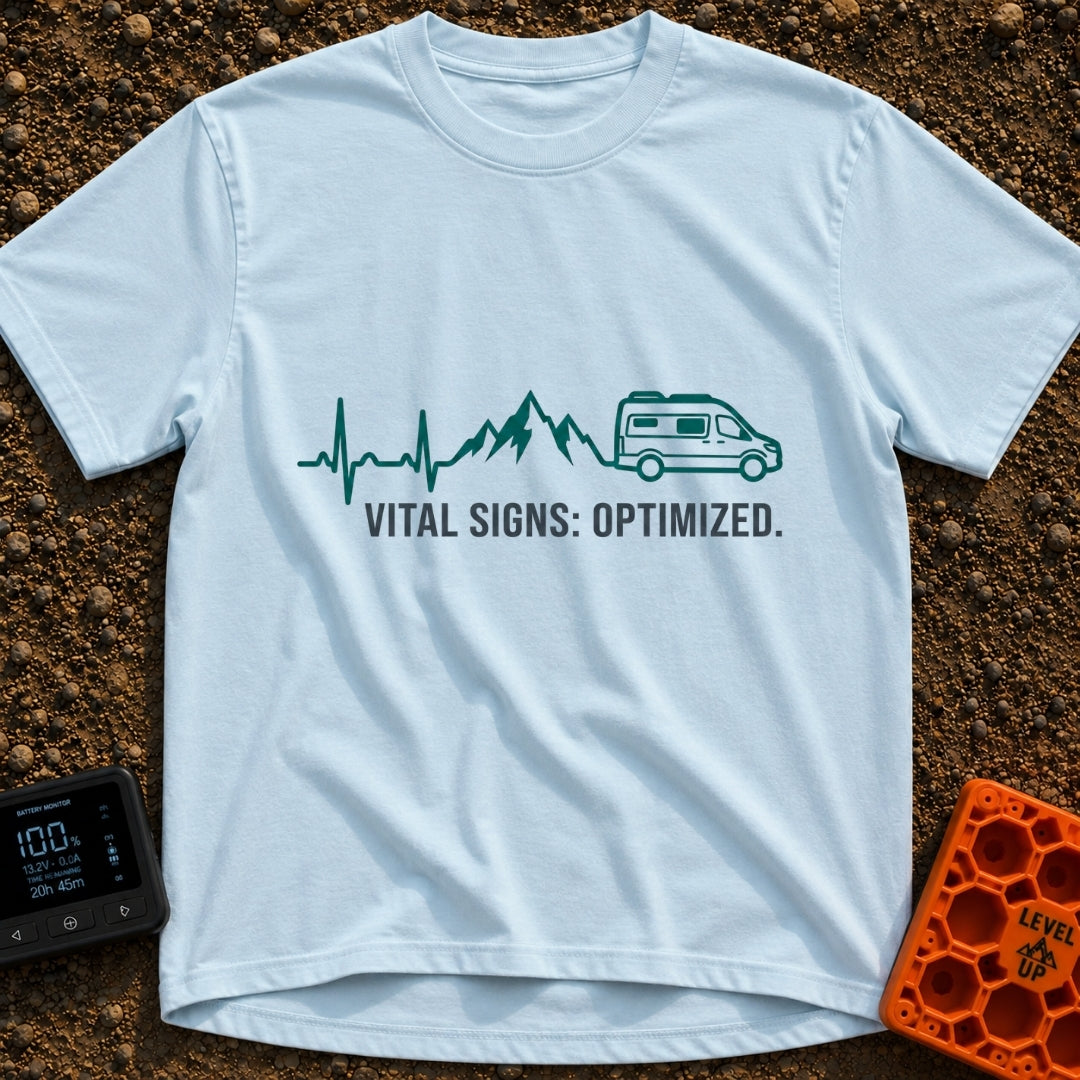 Heartbeats and Highways - T-Shirt in Chambray - A continuous teal line graphic that starts as an EKG heartbeat monitor,...