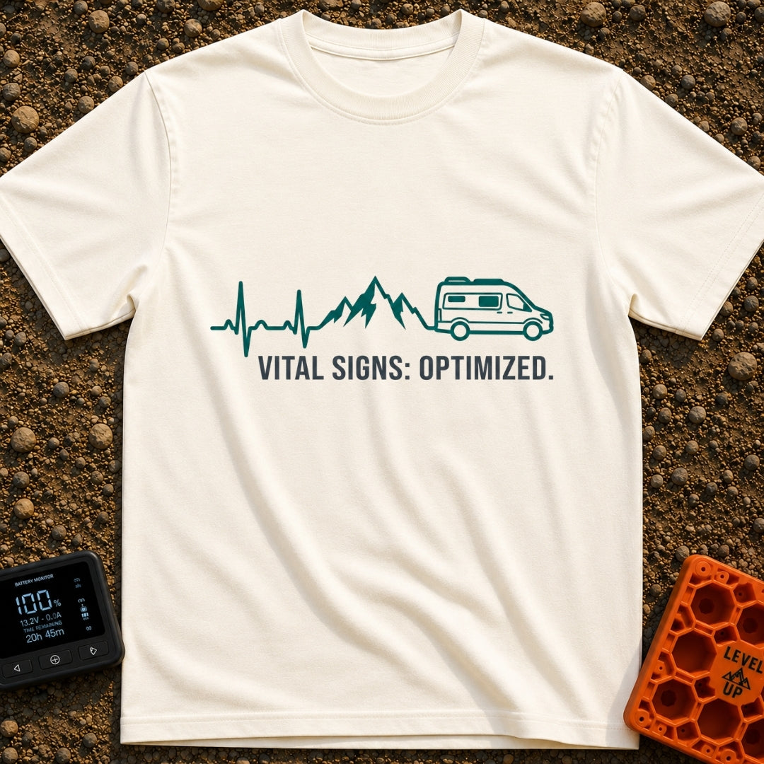 Heartbeats and Highways - T-Shirt in Ivory - A continuous teal line graphic that starts as an EKG heartbeat monitor,...