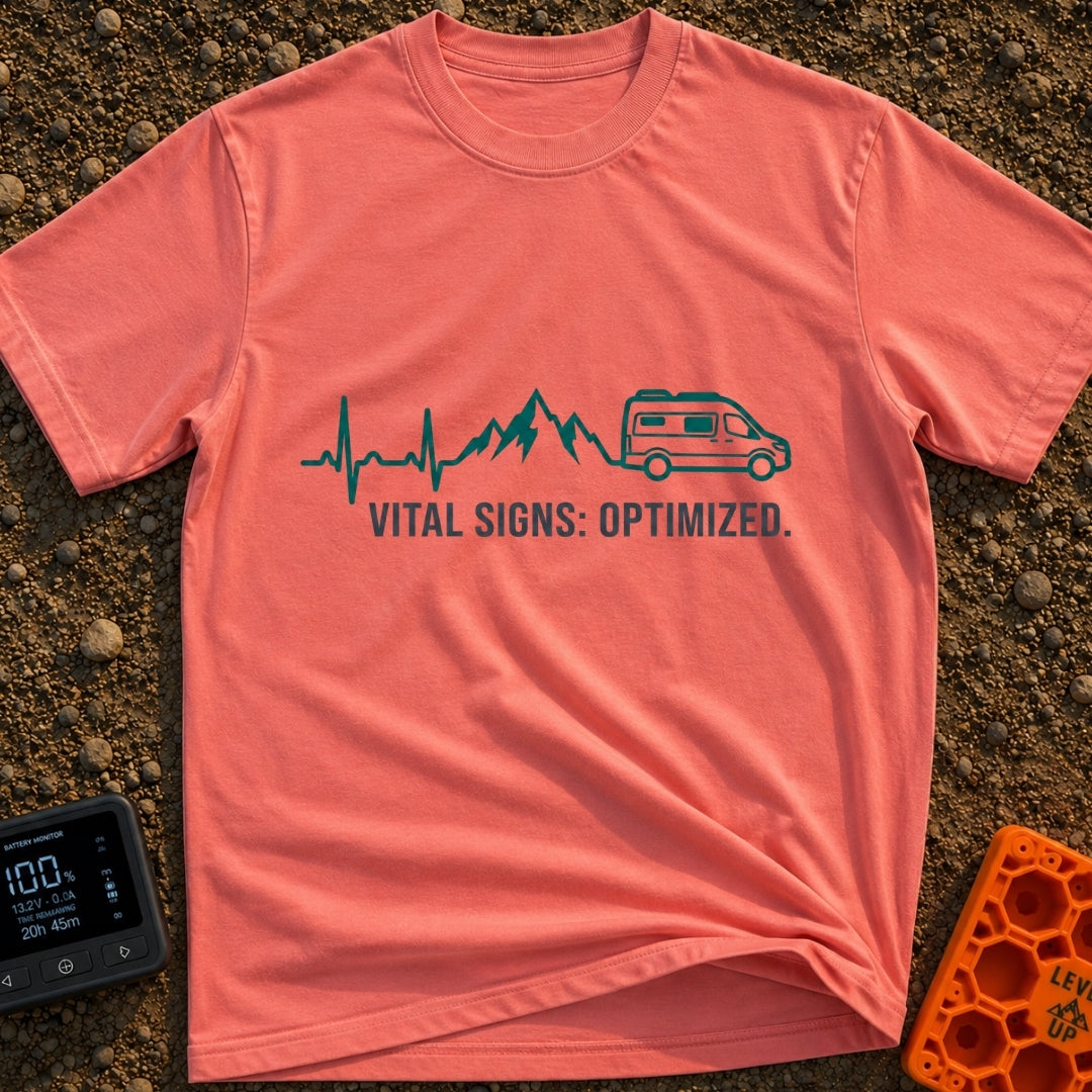 Heartbeats and Highways - T-Shirt in Watermelon - A continuous teal line graphic that starts as an EKG heartbeat monitor,...
