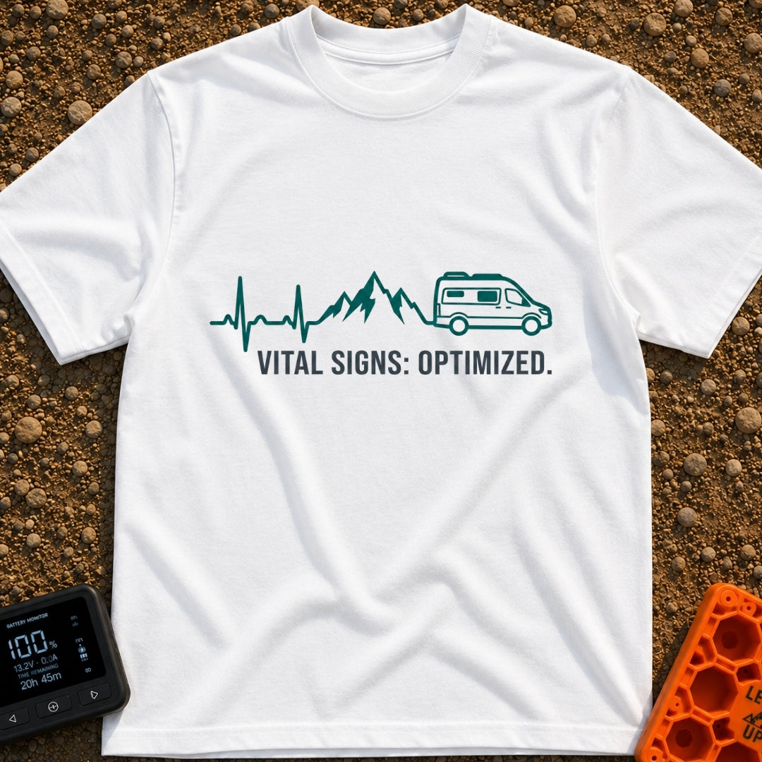 Heartbeats and Highways - T-Shirt in White - A continuous teal line graphic that starts as an EKG heartbeat monitor,...