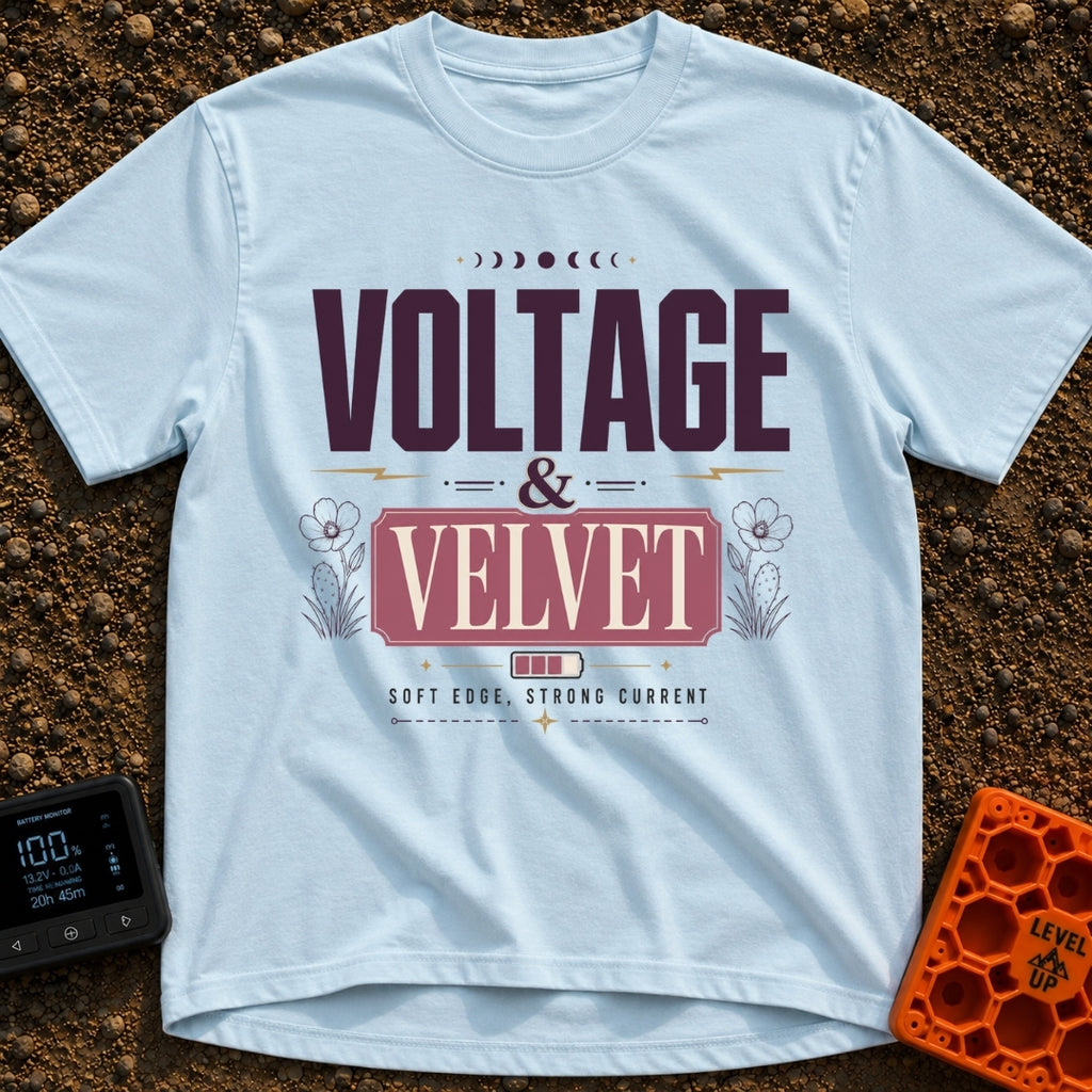 High Voltage Velvet - T-Shirt in Chambray - A typographical design featuring the text "VOLTAGE & VELVET" and "SOFT EDGE,...