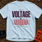High Voltage Velvet - T-Shirt in Chambray - A typographical design featuring the text "VOLTAGE & VELVET" and "SOFT EDGE,...
