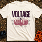 High Voltage Velvet - T-Shirt in Ivory - A typographical design featuring the text "VOLTAGE & VELVET" and "SOFT EDGE,...