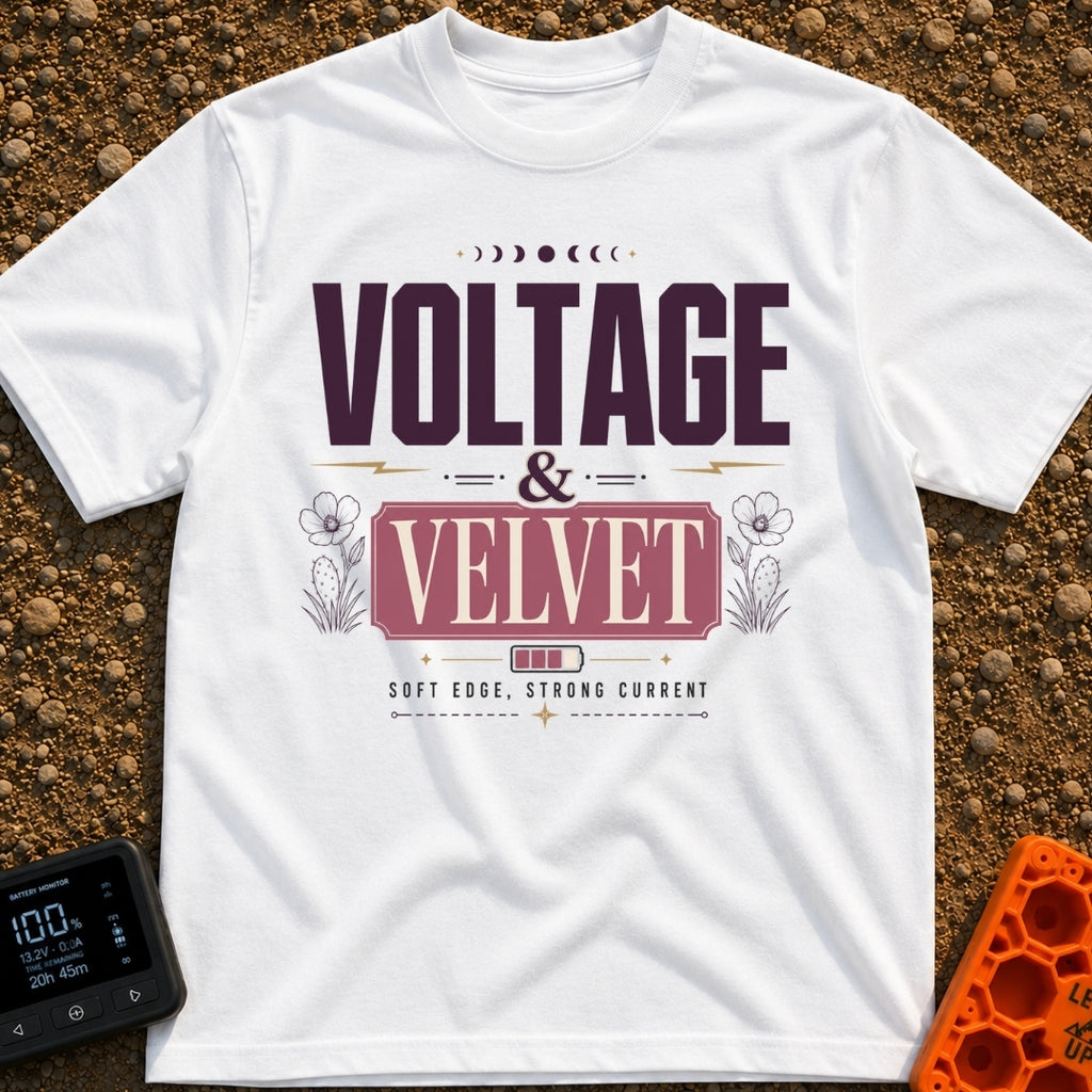 High Voltage Velvet - T-Shirt in White - A typographical design featuring the text "VOLTAGE & VELVET" and "SOFT EDGE,...