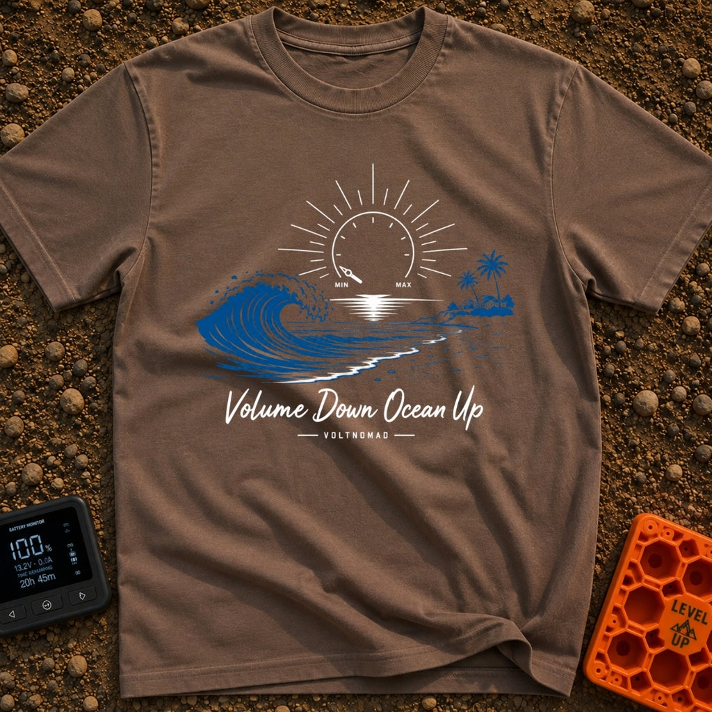 Wave Volume Control - T-Shirt in Espresso - A graphic illustration featuring a large blue ocean wave on the left and a...