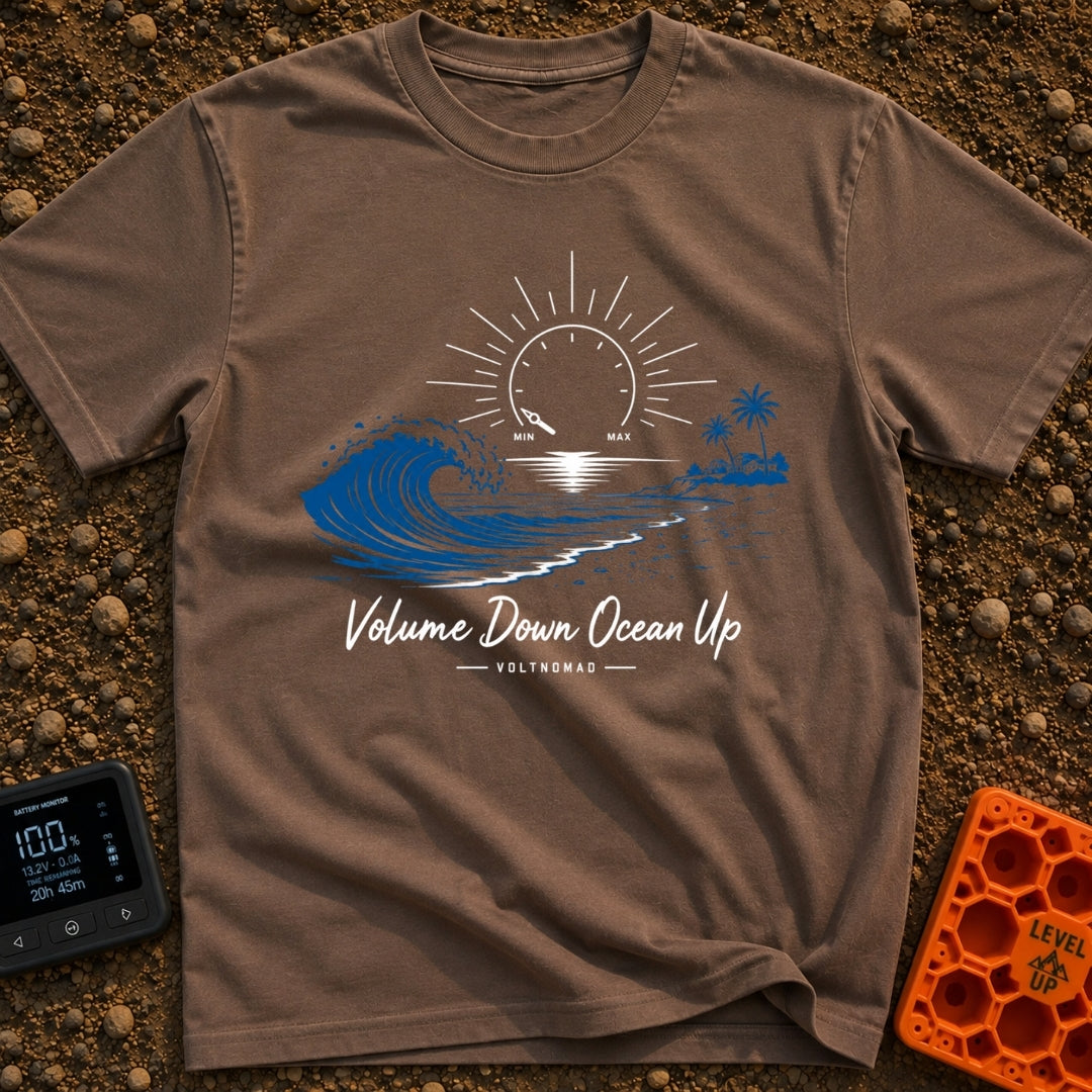 Wave Volume Control - T-Shirt in Espresso - A graphic illustration featuring a large blue ocean wave on the left and a...