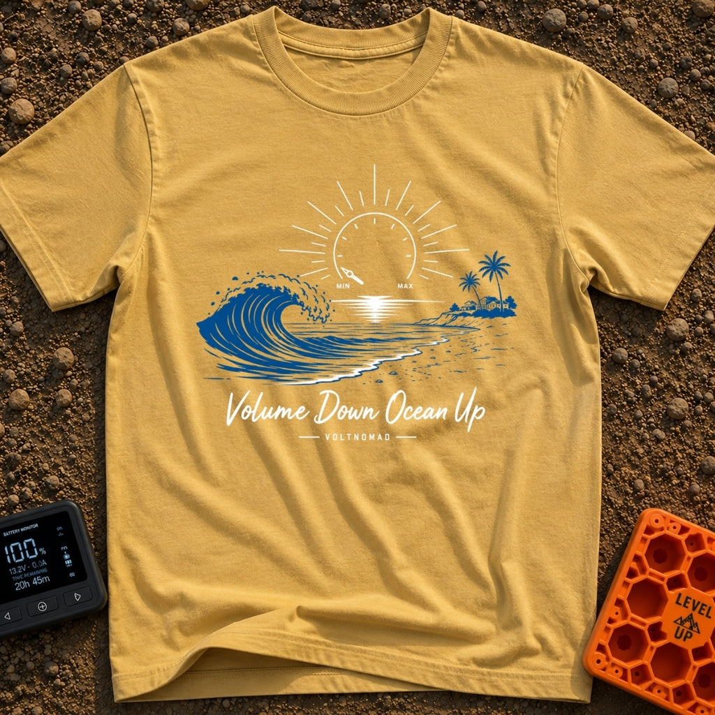 Wave Volume Control - T-Shirt in Mustard - A graphic illustration featuring a large blue ocean wave on the left and a...
