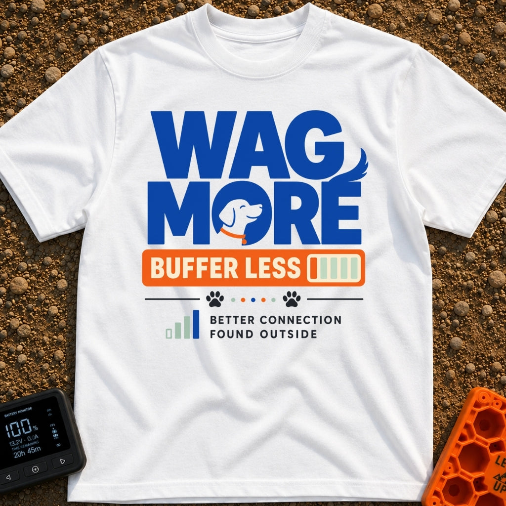 Wag More Buffer Less - T-Shirt in White - A typographic design reading 'WAG MORE' in large blue letters with a dog's...