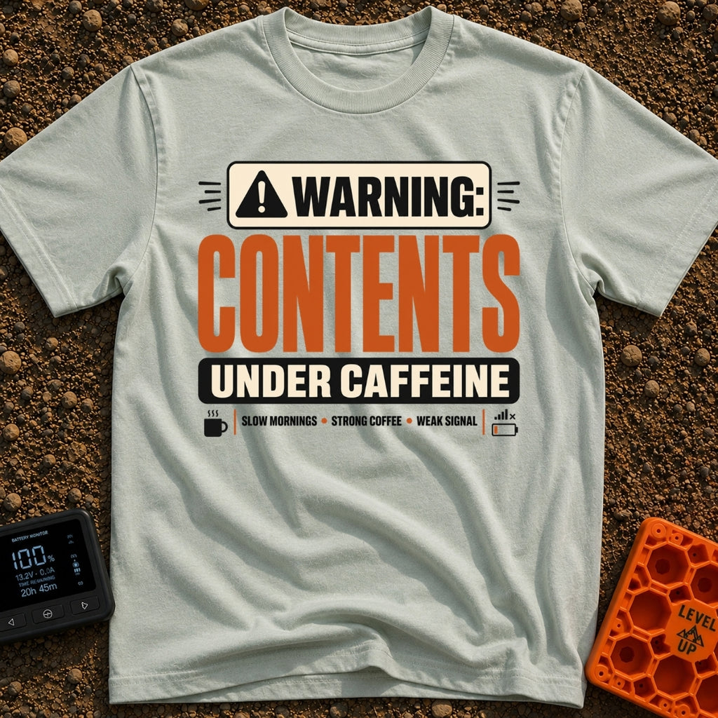 Contents Under Caffeine - T-Shirt in Bay - A typographic design styled like a hazard warning label that reads "WARNING:...