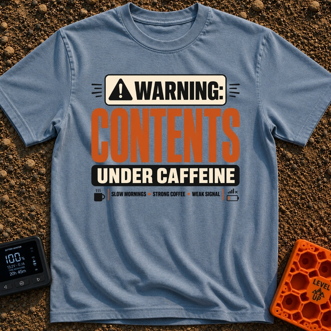 Contents Under Caffeine - T-Shirt in Blue Jean - A typographic design styled like a hazard warning label that reads...
