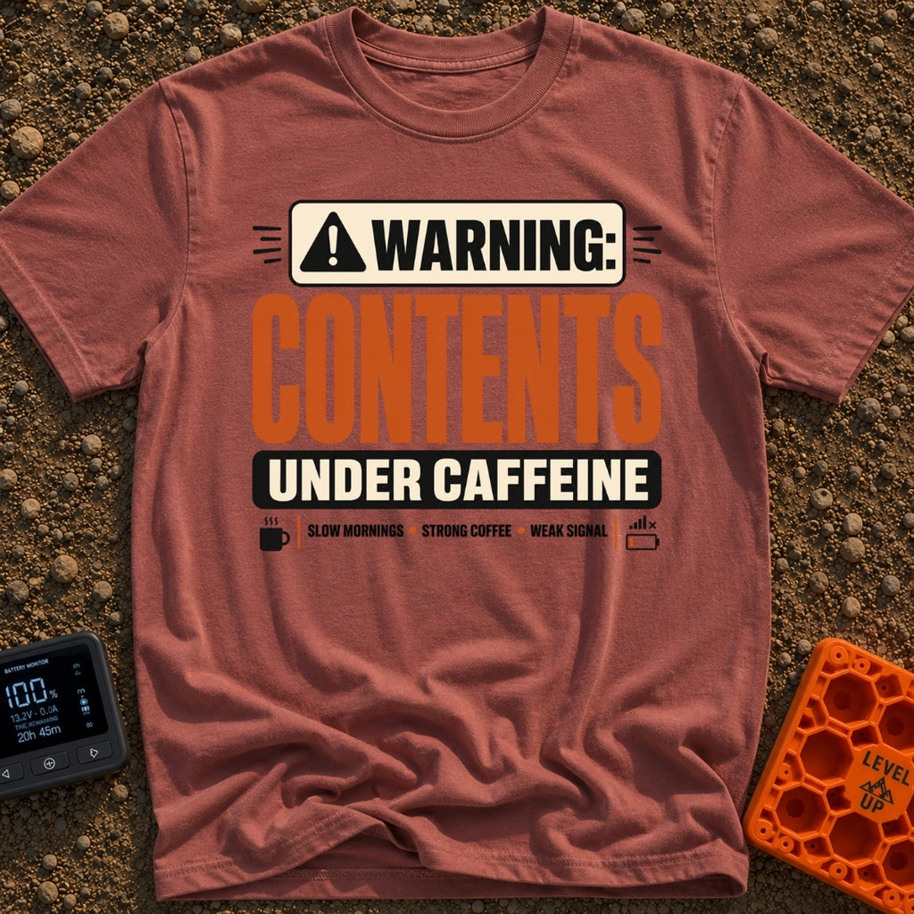 Contents Under Caffeine - T-Shirt in Brick - A typographic design styled like a hazard warning label that reads "WARNING:...