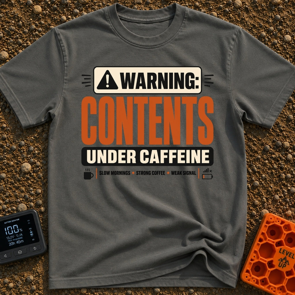 Contents Under Caffeine - T-Shirt in Pepper - A typographic design styled like a hazard warning label that reads...