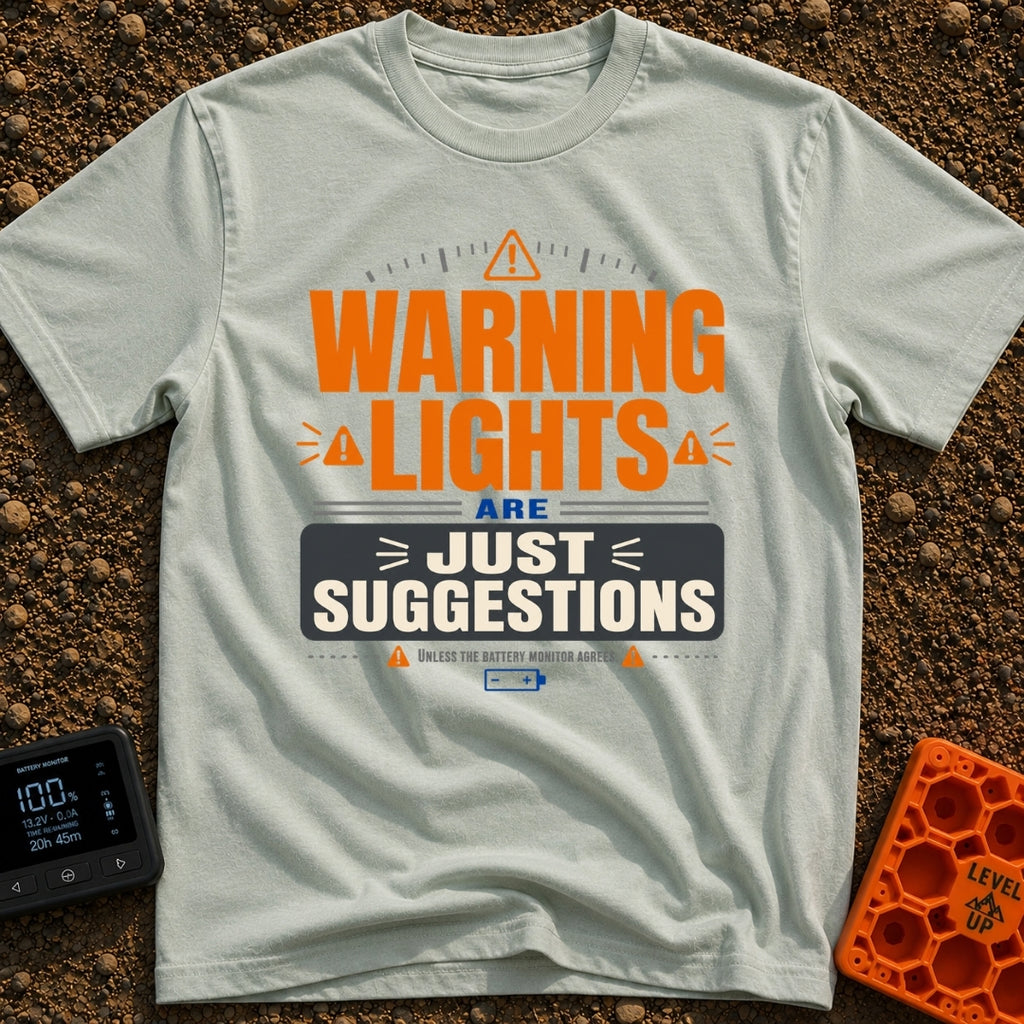 Warning Lights Optional - T-Shirt in Bay - Typographic design reading "WARNING LIGHTS ARE JUST SUGGESTIONS" and "UNLESS...