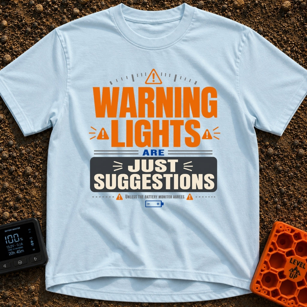 Warning Lights Optional - T-Shirt in Chambray - Typographic design reading "WARNING LIGHTS ARE JUST SUGGESTIONS" and...