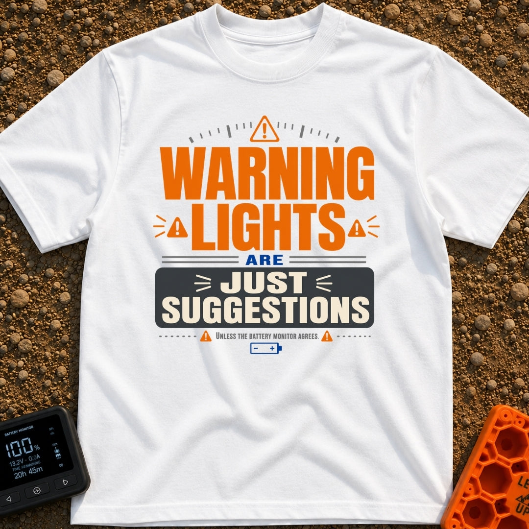 Warning Lights Optional - T-Shirt in White - Typographic design reading "WARNING LIGHTS ARE JUST SUGGESTIONS" and "UNLESS...
