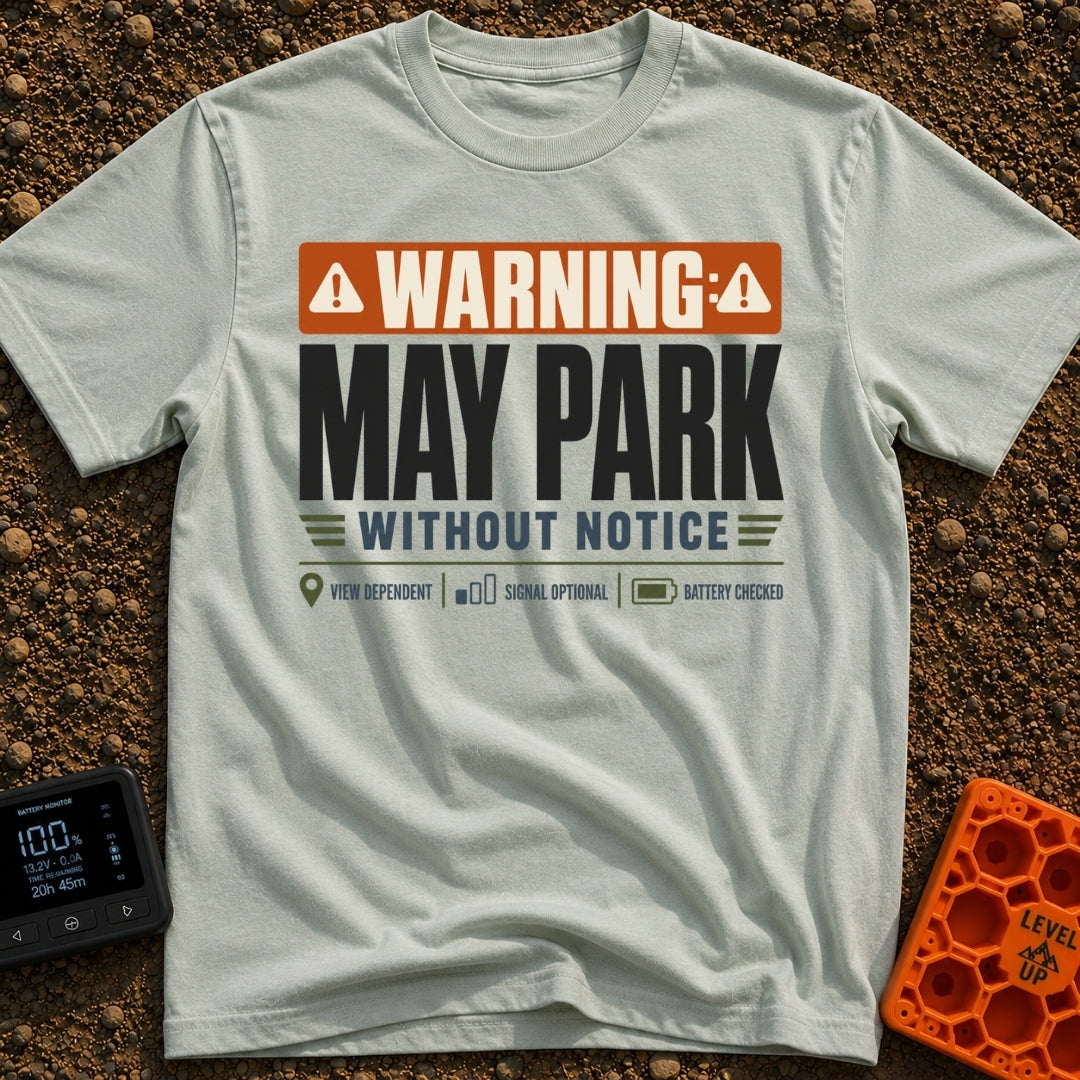 Nomad Parking Permit - T-Shirt in Bay - A text-based design resembling a warning sign with an orange header and large...