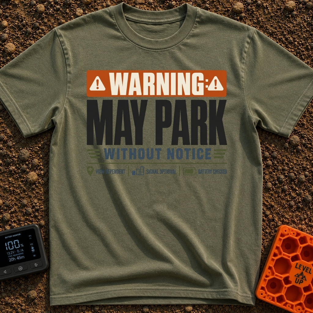Nomad Parking Permit - T-Shirt in Moss - A text-based design resembling a warning sign with an orange header and large...