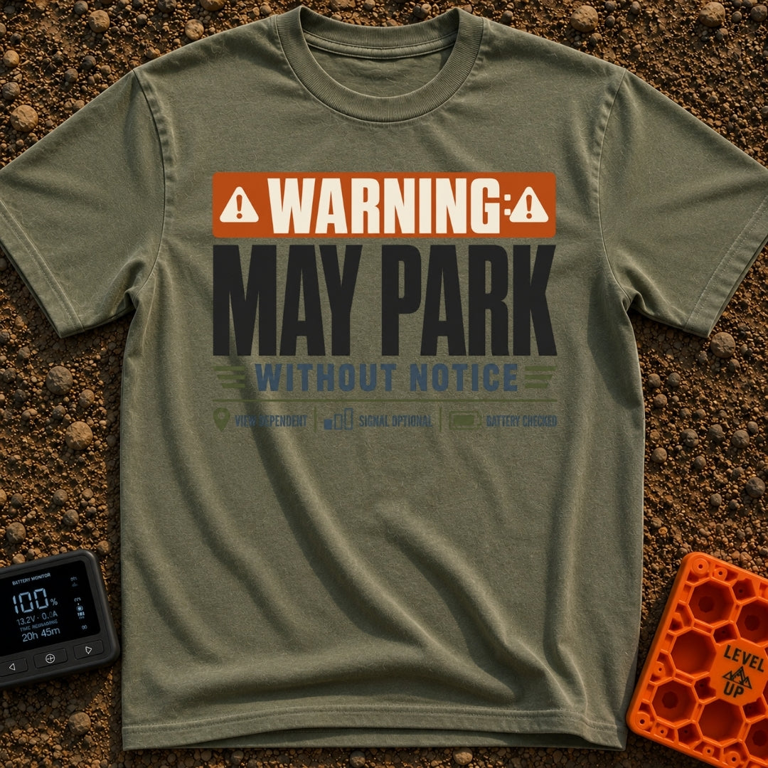 Nomad Parking Permit - T-Shirt in Moss - A text-based design resembling a warning sign with an orange header and large...