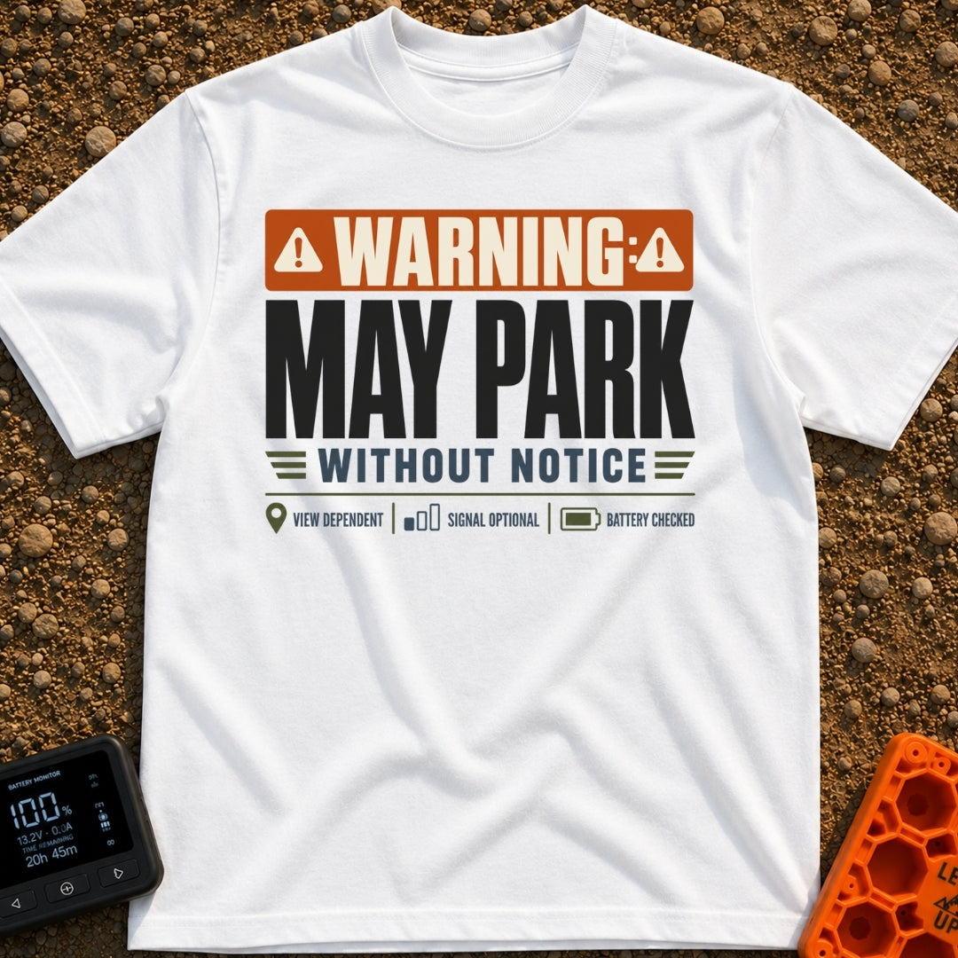 Nomad Parking Permit - T-Shirt in White - A text-based design resembling a warning sign with an orange header and large...
