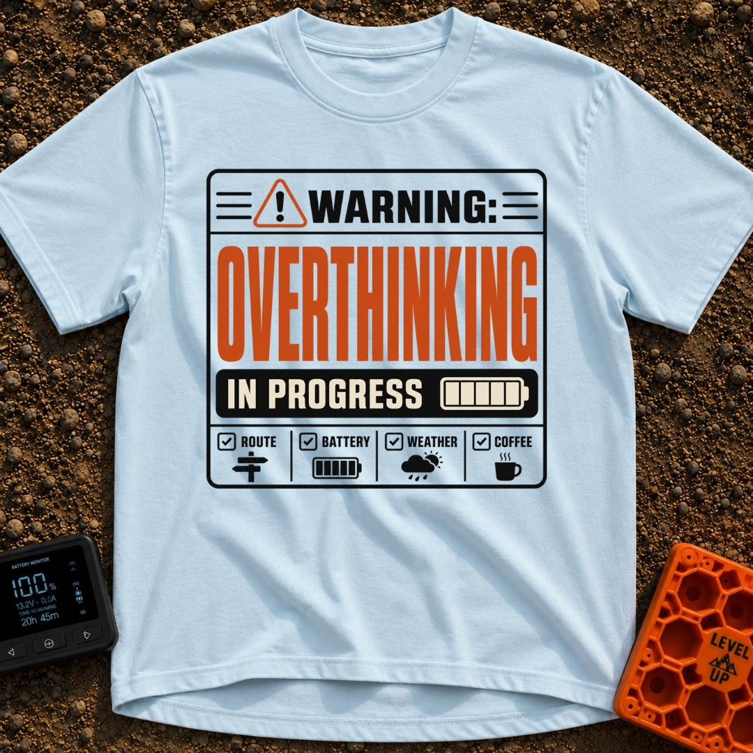 Warning Overthinking Ahead - T-Shirt in Chambray - A warning label-style graphic with text reading "WARNING: OVERTHINKING...