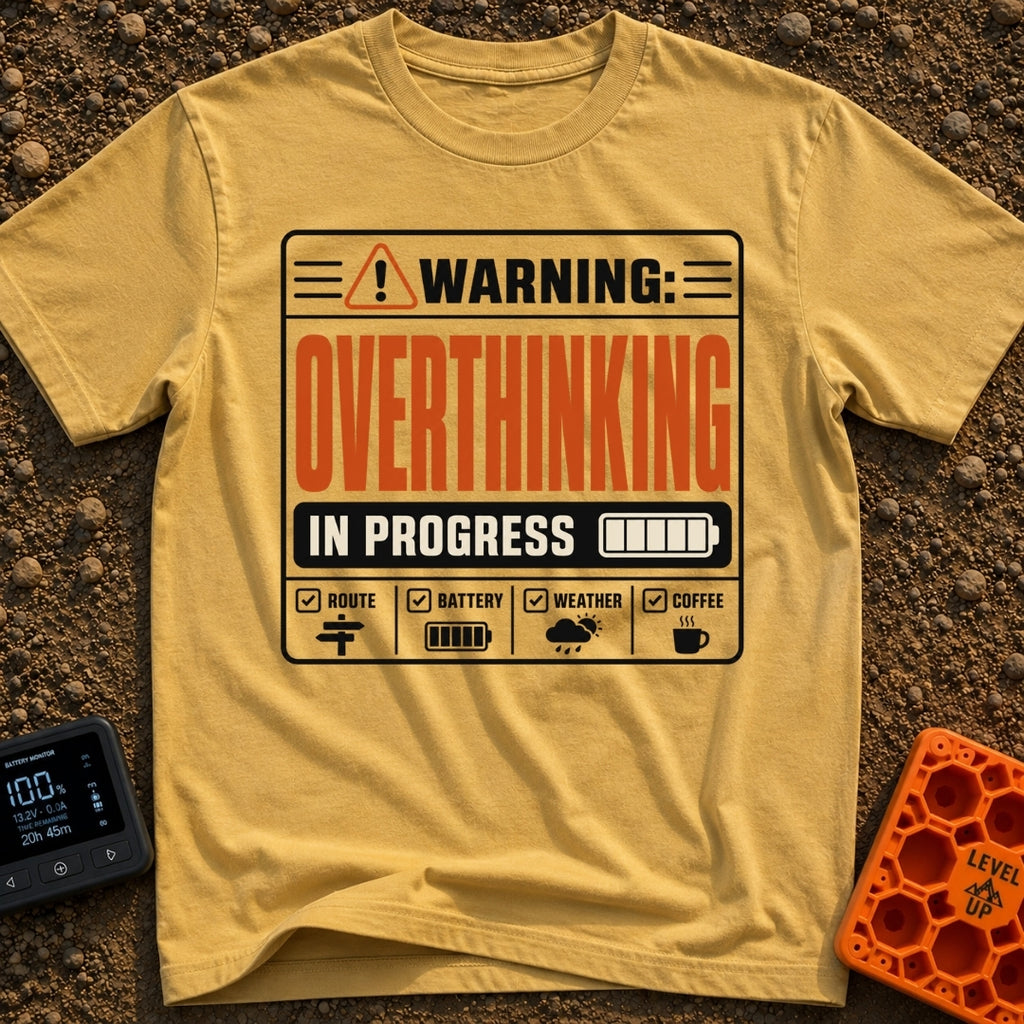 Warning Overthinking Ahead - T-Shirt in Mustard - A warning label-style graphic with text reading "WARNING: OVERTHINKING...