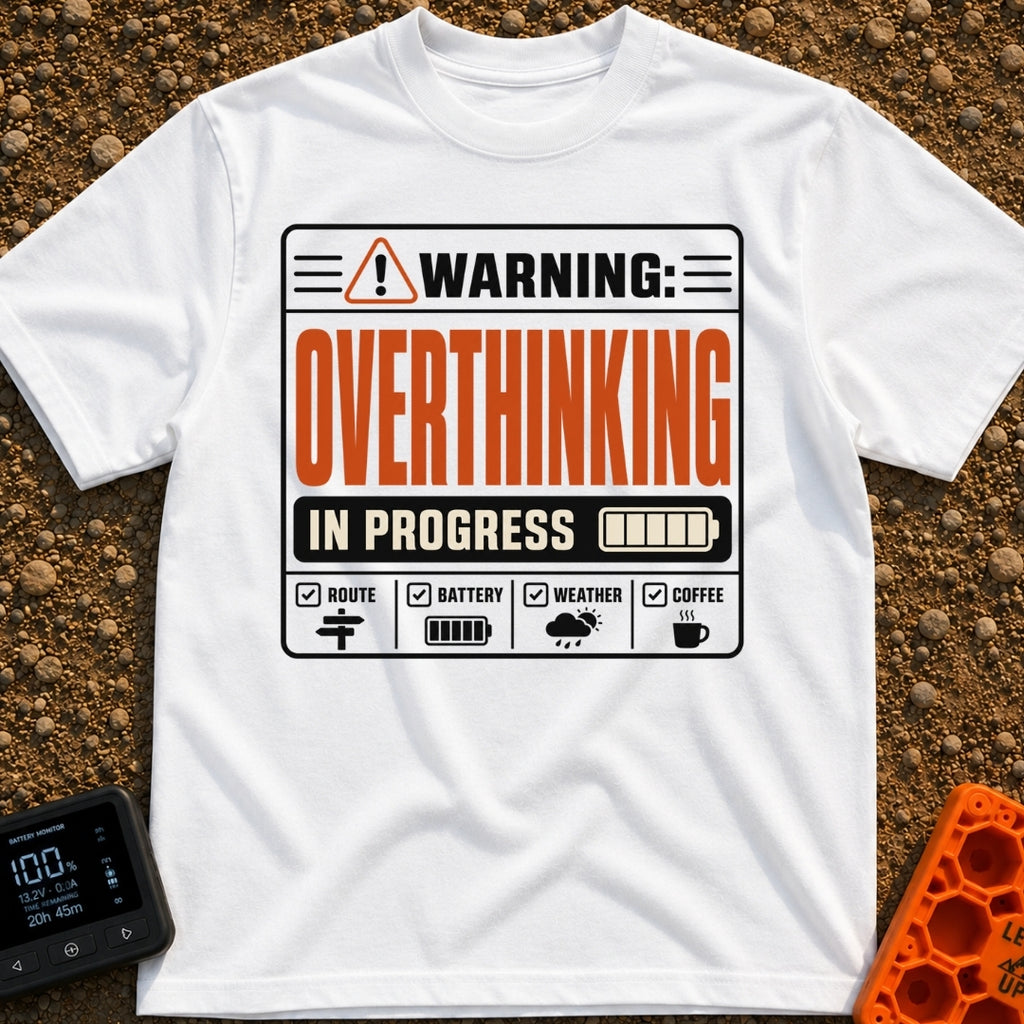 Warning Overthinking Ahead - T-Shirt in White - A warning label-style graphic with text reading "WARNING: OVERTHINKING IN...