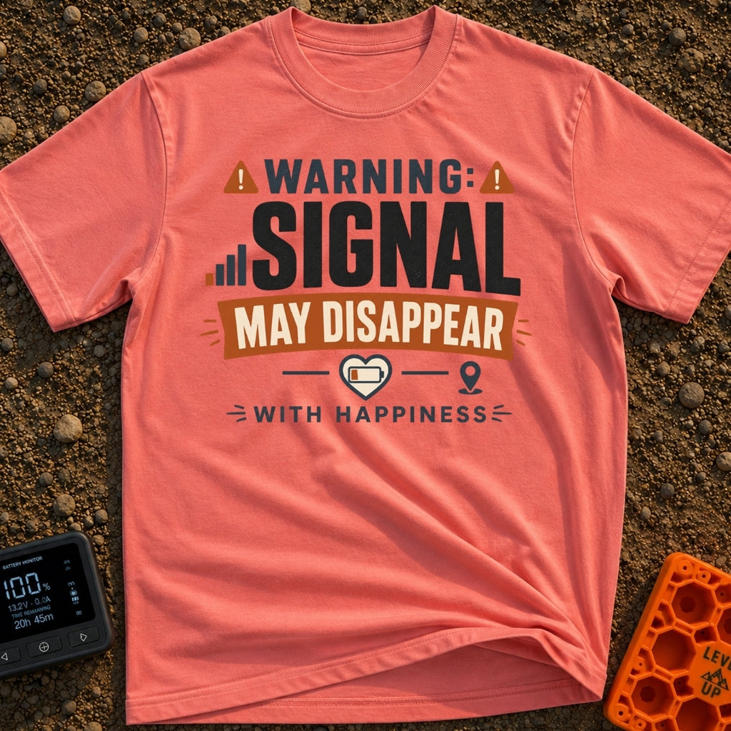 Signal Lost in Joy - T-Shirt in Watermelon - A typographic design featuring the text "WARNING: SIGNAL MAY DISAPPEAR WITH...