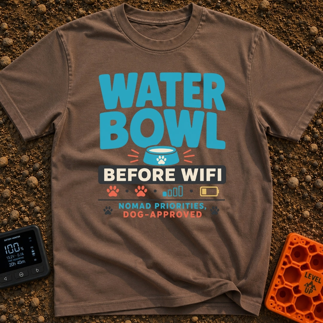 Bowl Before Wifi - T-Shirt in Espresso - A typographic design reading "WATER BOWL BEFORE WIFI" accompanied by a blue pet...