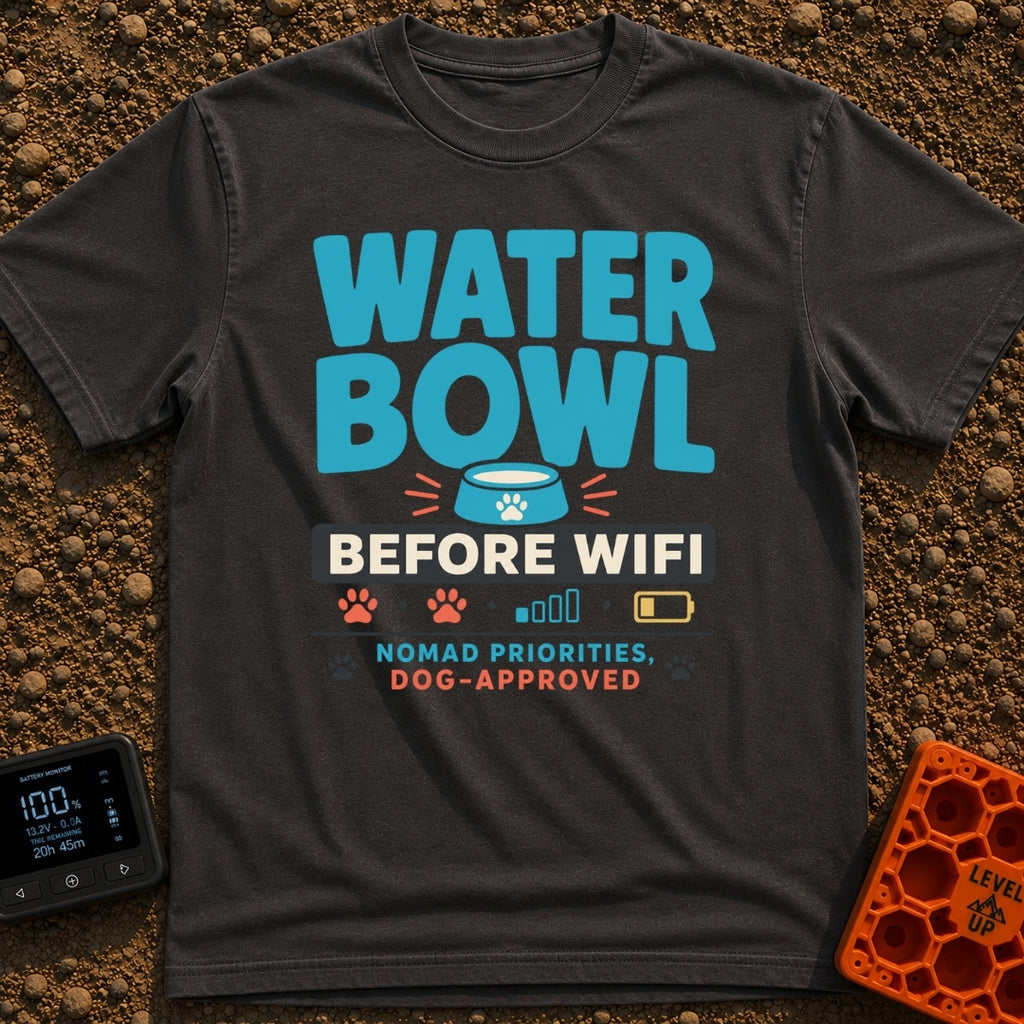 Bowl Before Wifi - T-Shirt in Graphite - A typographic design reading "WATER BOWL BEFORE WIFI" accompanied by a blue pet...