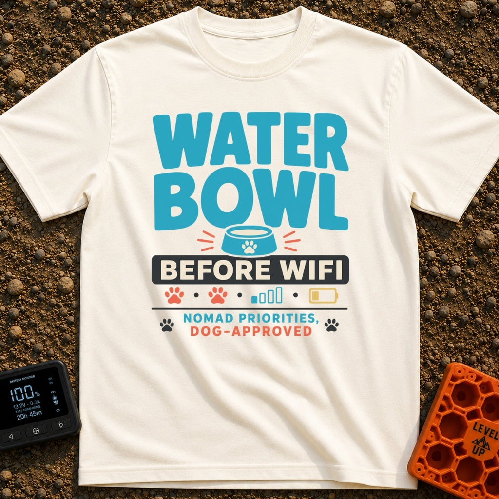 Bowl Before Wifi - T-Shirt in Ivory - A typographic design reading "WATER BOWL BEFORE WIFI" accompanied by a blue pet...