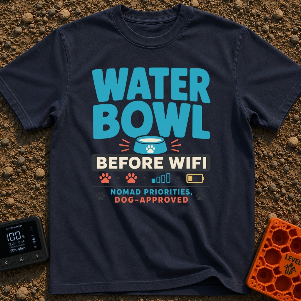 Bowl Before Wifi - T-Shirt in Navy - A typographic design reading "WATER BOWL BEFORE WIFI" accompanied by a blue pet...