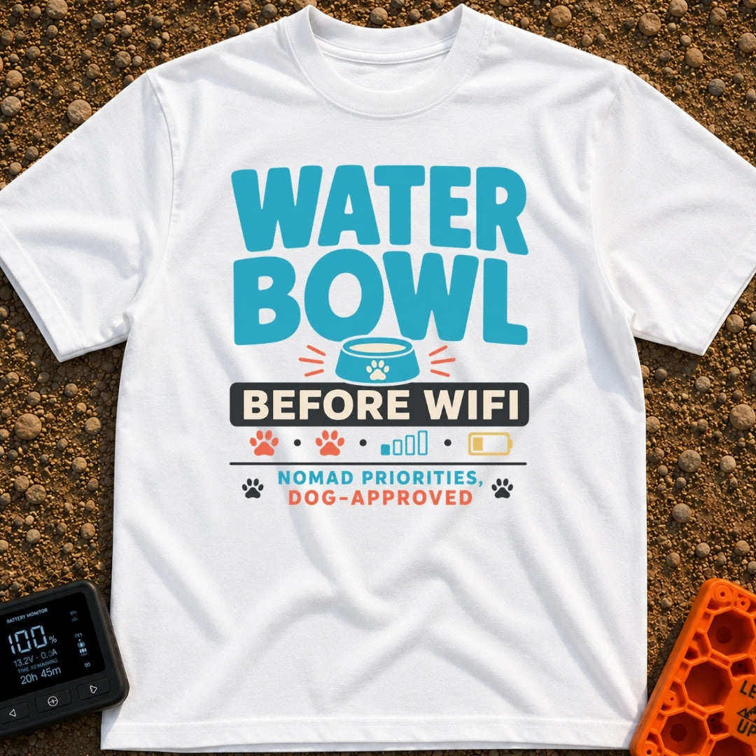 Bowl Before Wifi - T-Shirt in White - A typographic design reading "WATER BOWL BEFORE WIFI" accompanied by a blue pet...