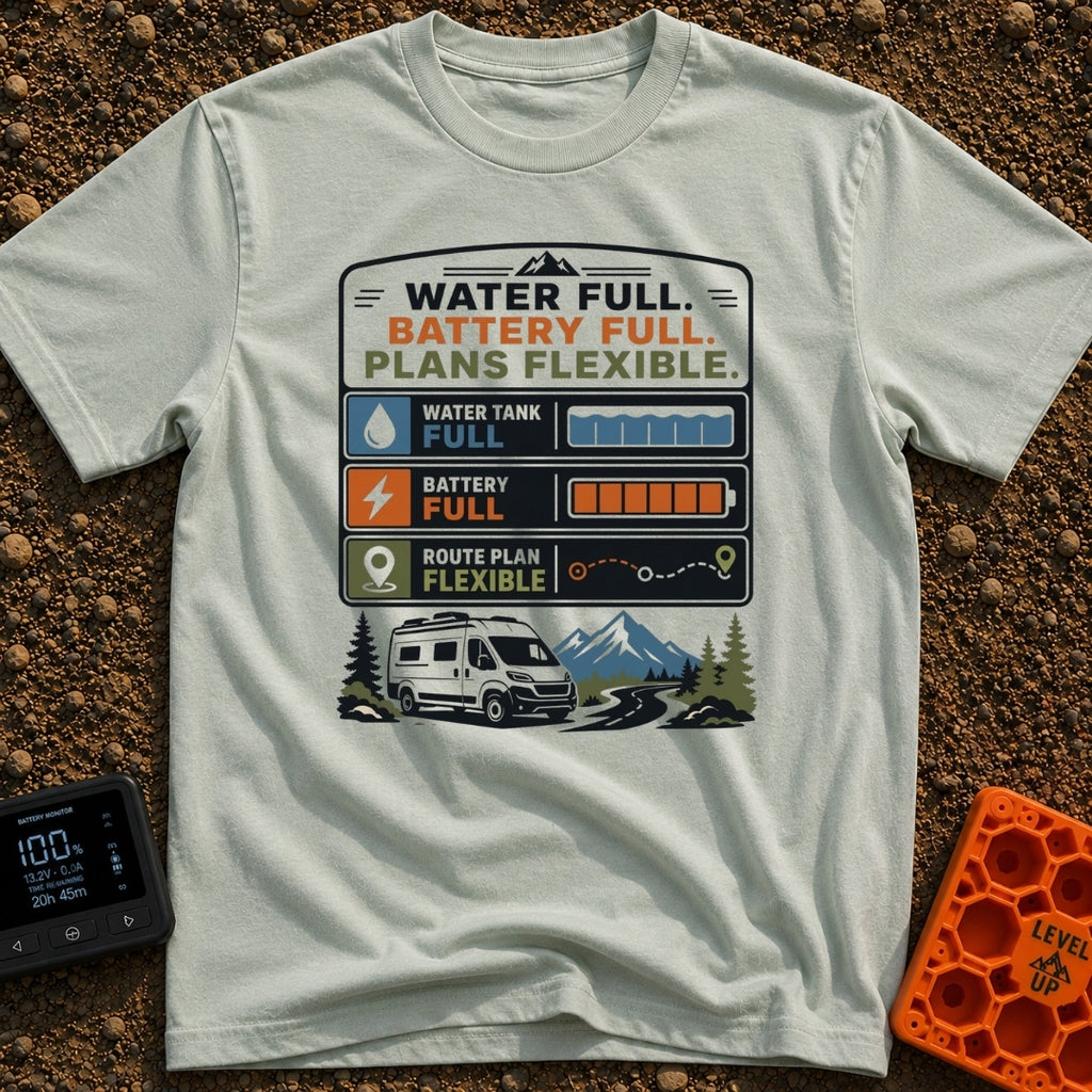 Tanks Full Plans Flexible - T-Shirt in Bay - A graphic design featuring three status indicator panels showing a full...