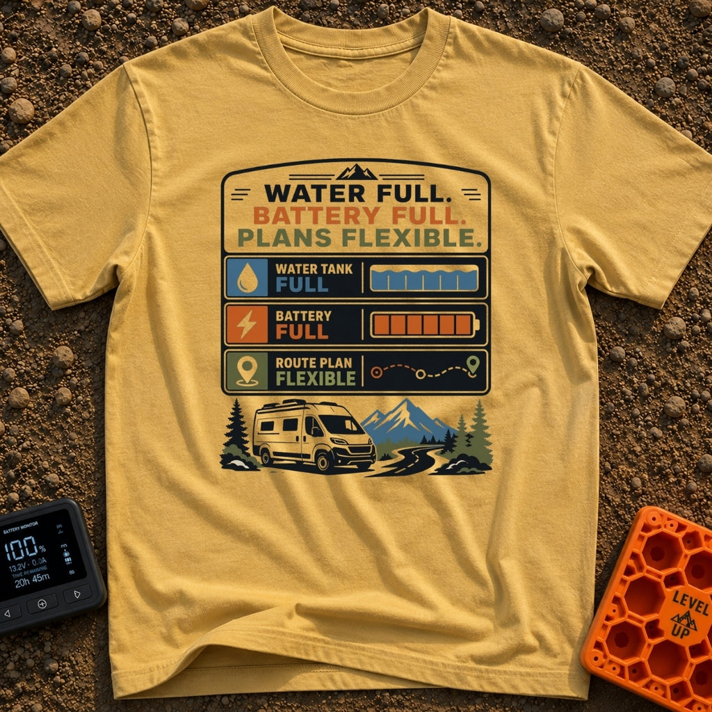 Tanks Full Plans Flexible - T-Shirt in Mustard - A graphic design featuring three status indicator panels showing a full...