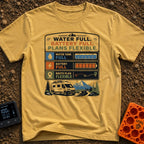 Tanks Full Plans Flexible - T-Shirt in Mustard - A graphic design featuring three status indicator panels showing a full...