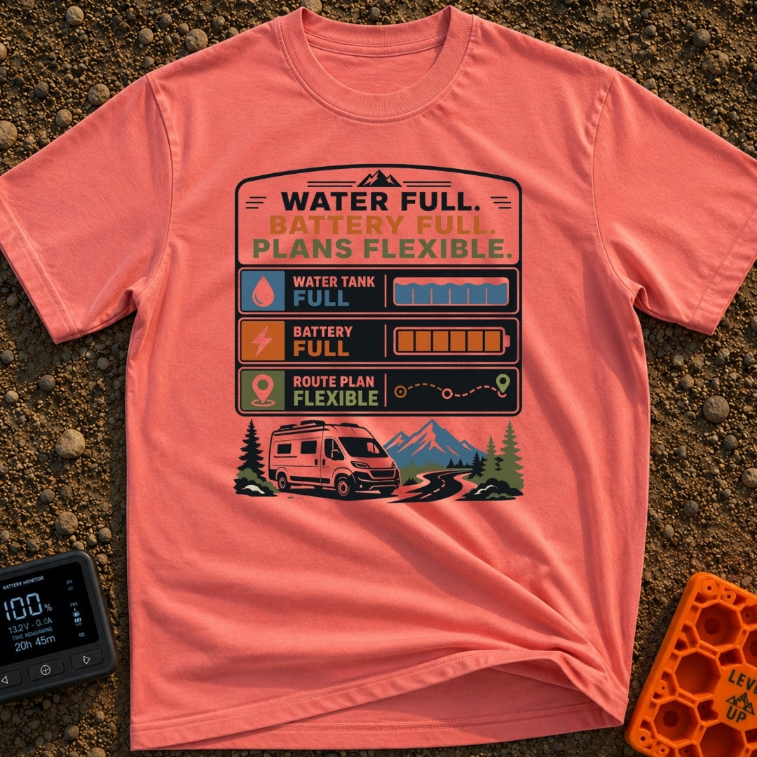 Tanks Full Plans Flexible - T-Shirt in Watermelon - A graphic design featuring three status indicator panels showing a...