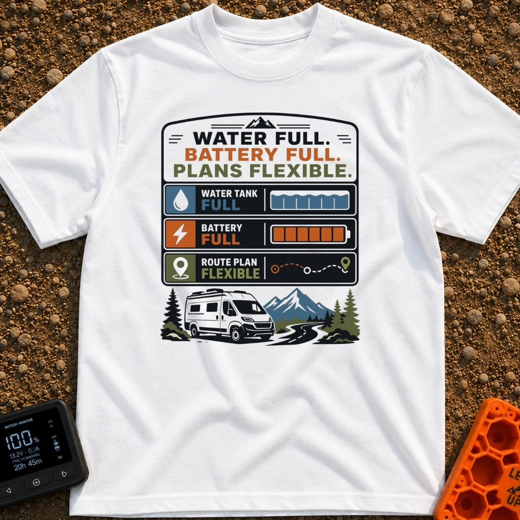 Tanks Full Plans Flexible - T-Shirt in White - A graphic design featuring three status indicator panels showing a full...