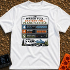 Tanks Full Plans Flexible - T-Shirt in White - A graphic design featuring three status indicator panels showing a full...